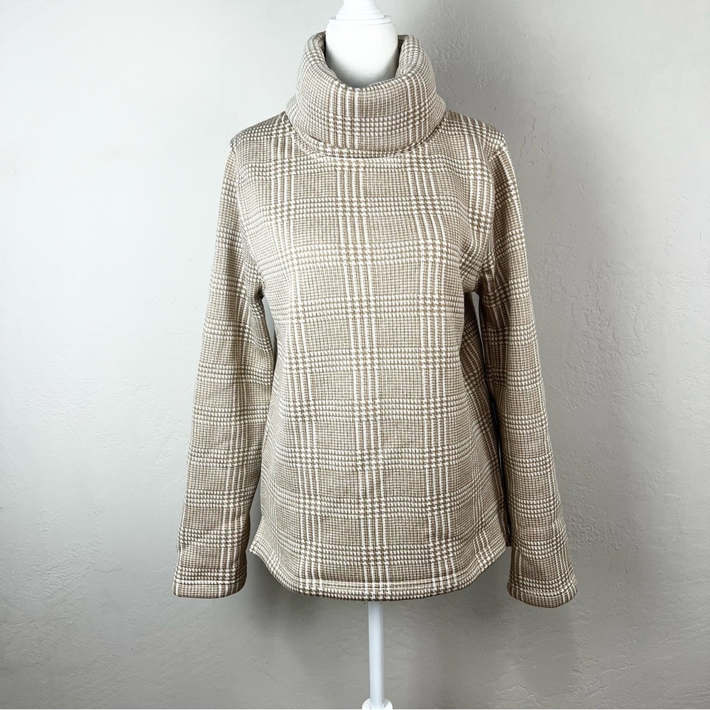 NEW J. Crew Factory Camel Glen Plaid Long Sleeve Funnelneck Pullover Fleece Med